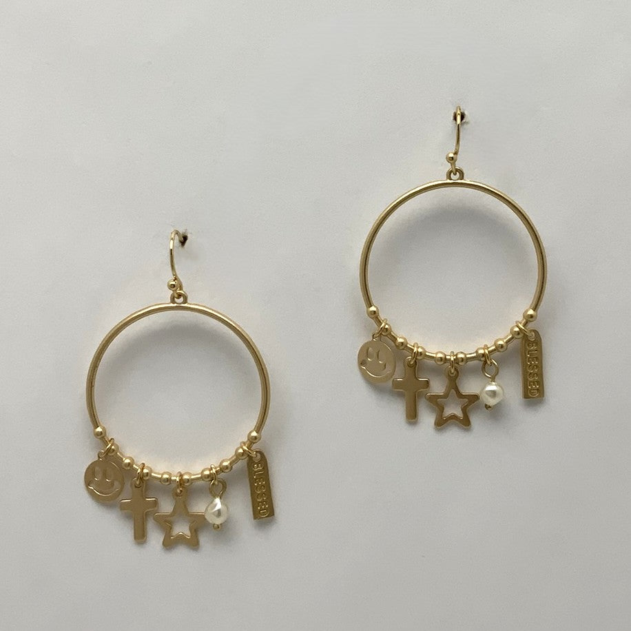"Blessed" Charm Circle Earrings