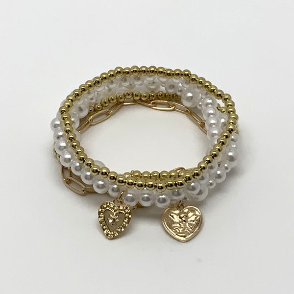 Pearl Heart Charm Chain Bracelet Set