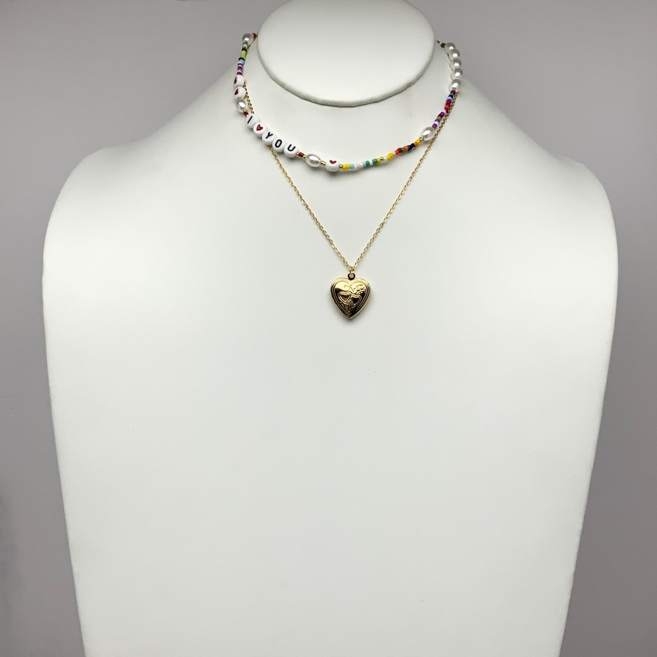 Beaded Pearl "I love you" Heart Locket Necklace