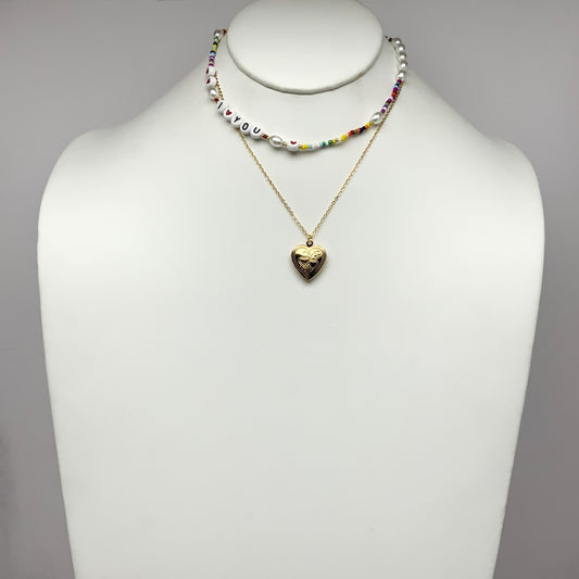 Beaded Pearl "I love you" Heart Locket Necklace