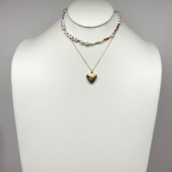 Beaded Pearl "I love you" Heart Locket Necklace