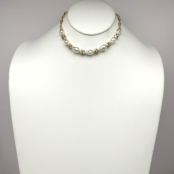 Chain Pearl Flower Print Necklace