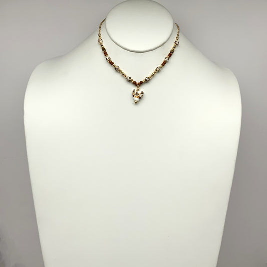 Flower Print Heart Pendant Wooden Bead Necklace