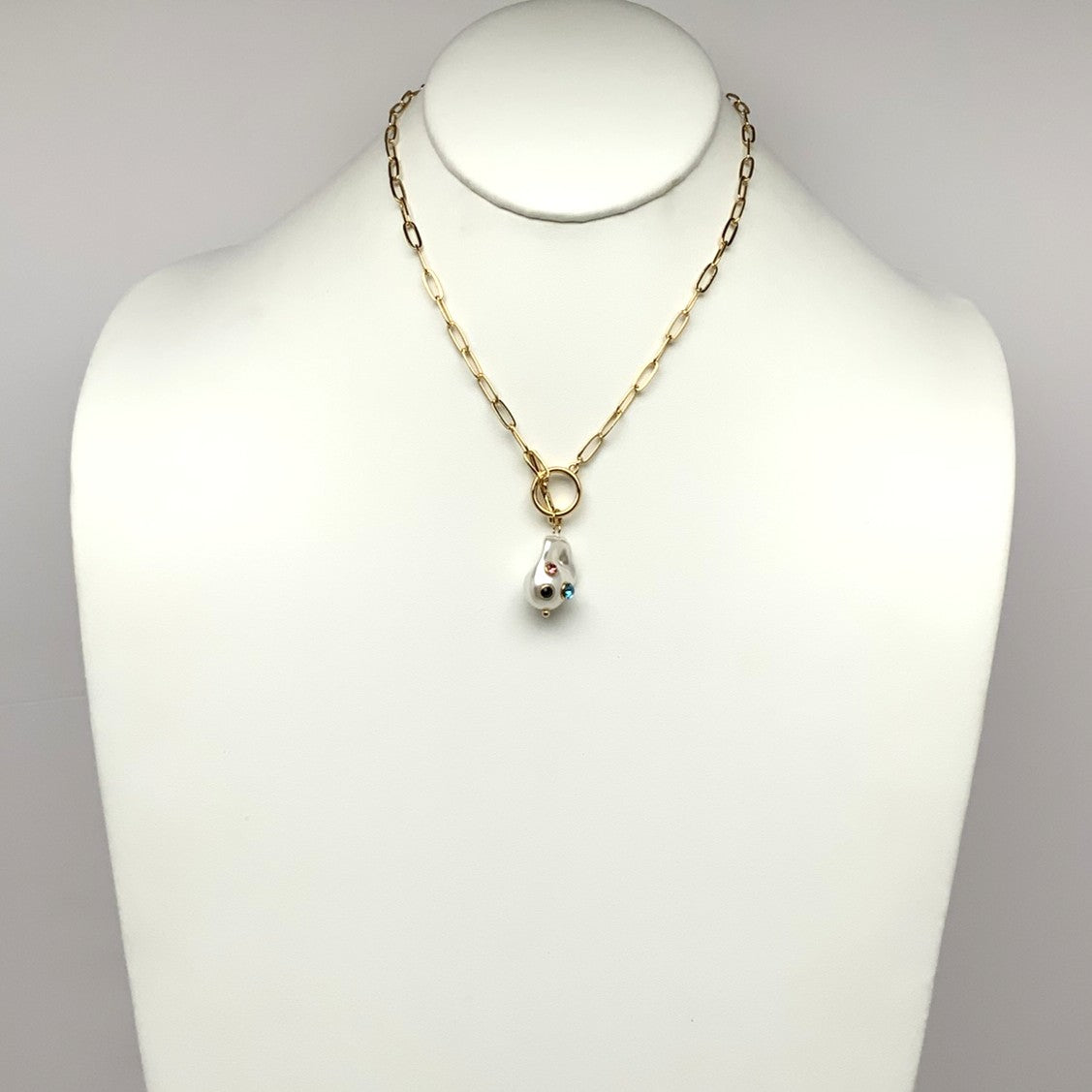 Abstract Pearl Crystal Pendant Toggle Clasp Necklace