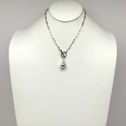 Abstract Pearl Crystal Pendant Toggle Clasp Necklace