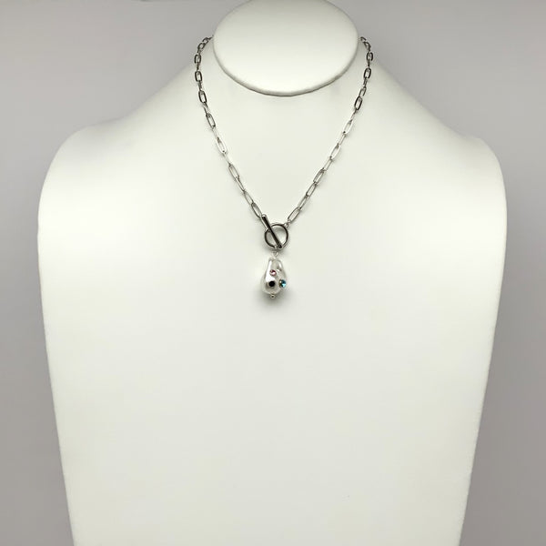 Abstract Pearl Crystal Pendant Toggle Clasp Necklace
