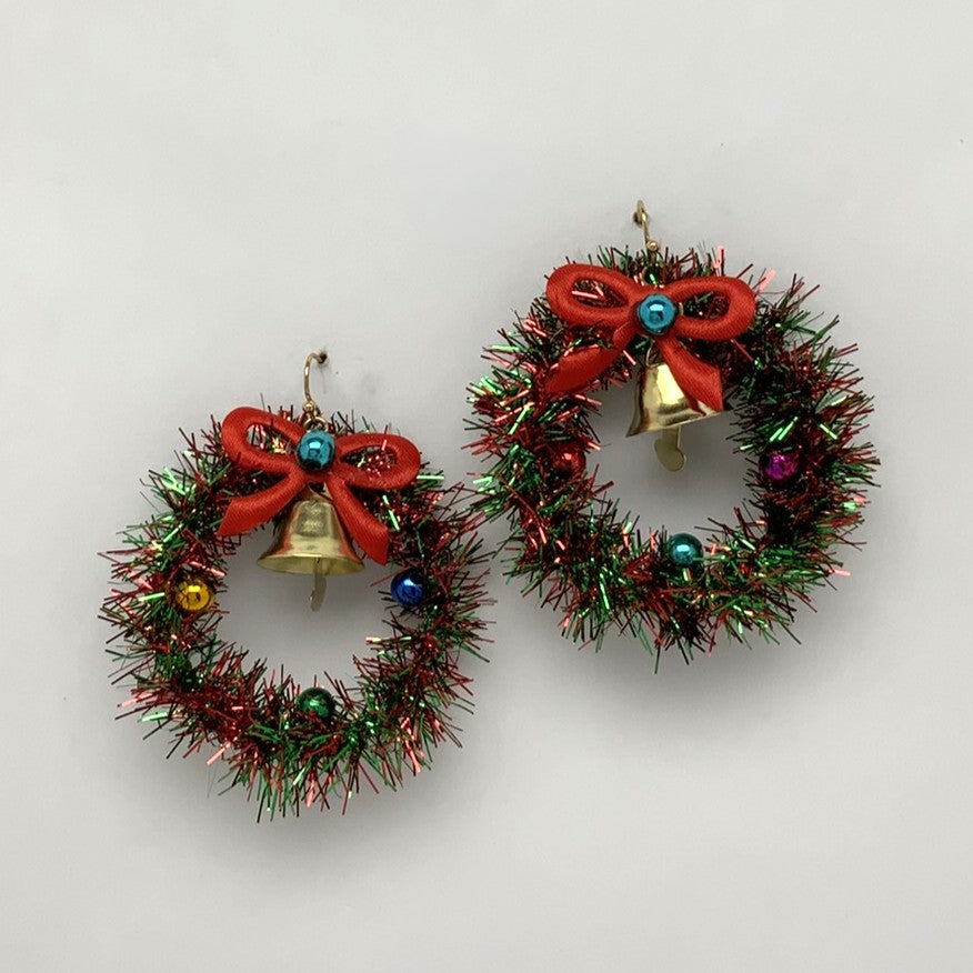 Christmas Tinsel Bell Wreath Earrings