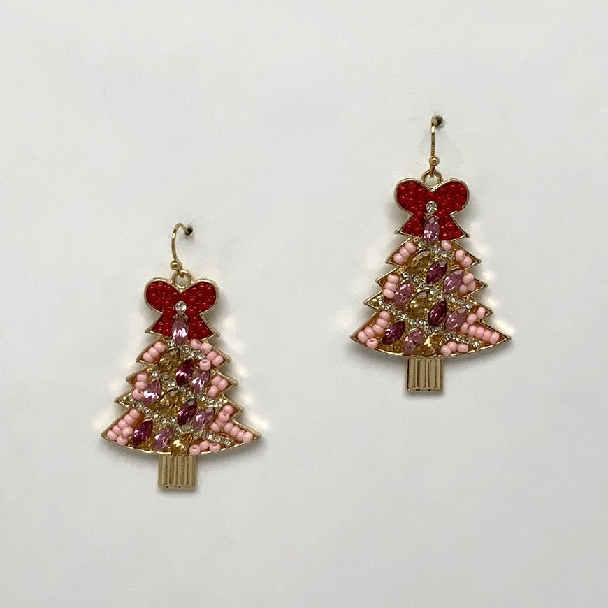 Beaded Crystal Bow Christmas Tree Earrings