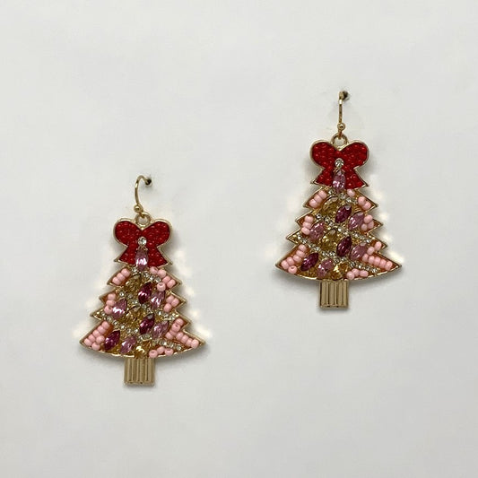 Beaded Crystal Bow Christmas Tree Earrings
