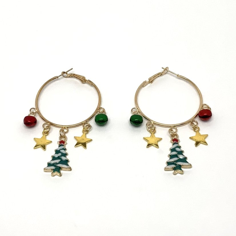 Christmas Tree Star Bell Hoop Earrings