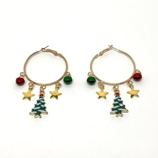 Christmas Tree Star Bell Hoop Earrings