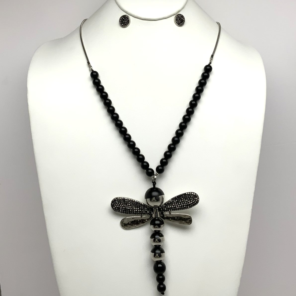Long Beaded Dragonfly Pendant Necklace