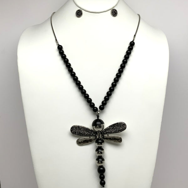 Long Beaded Dragonfly Pendant Necklace