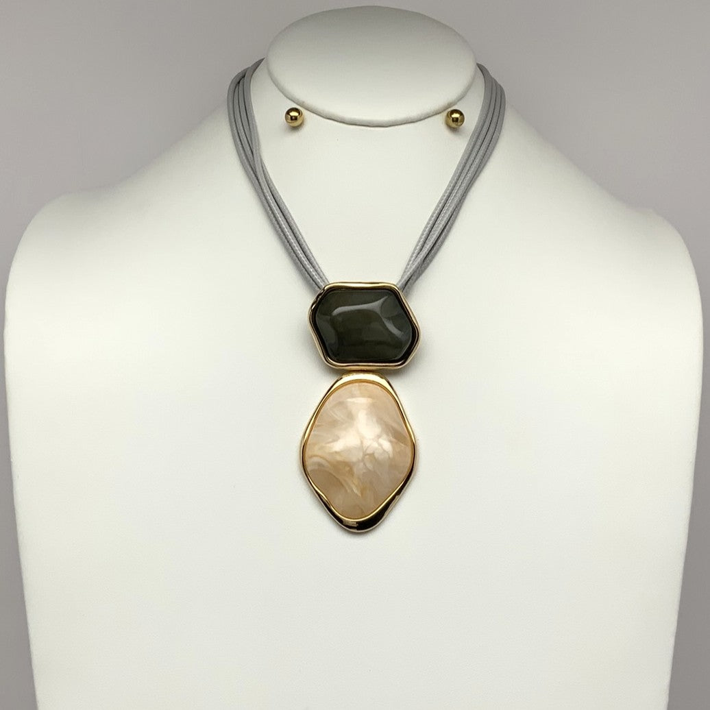 Two Lucite Stone Layered Cord Necklace Set