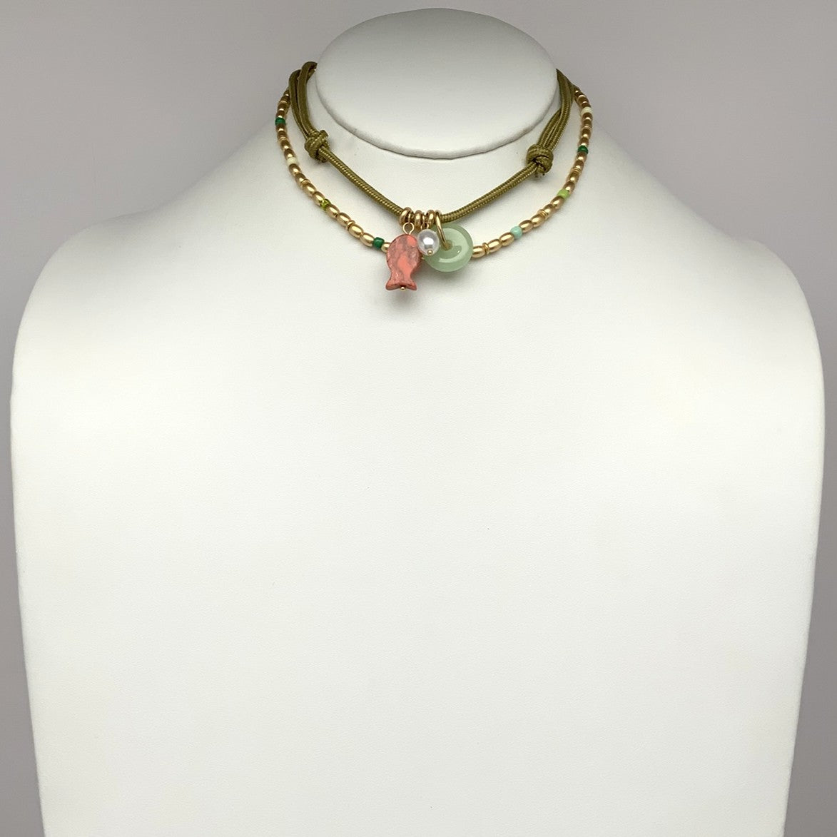 Adjustable Layered Beaded Fish Pendant Cord Necklace