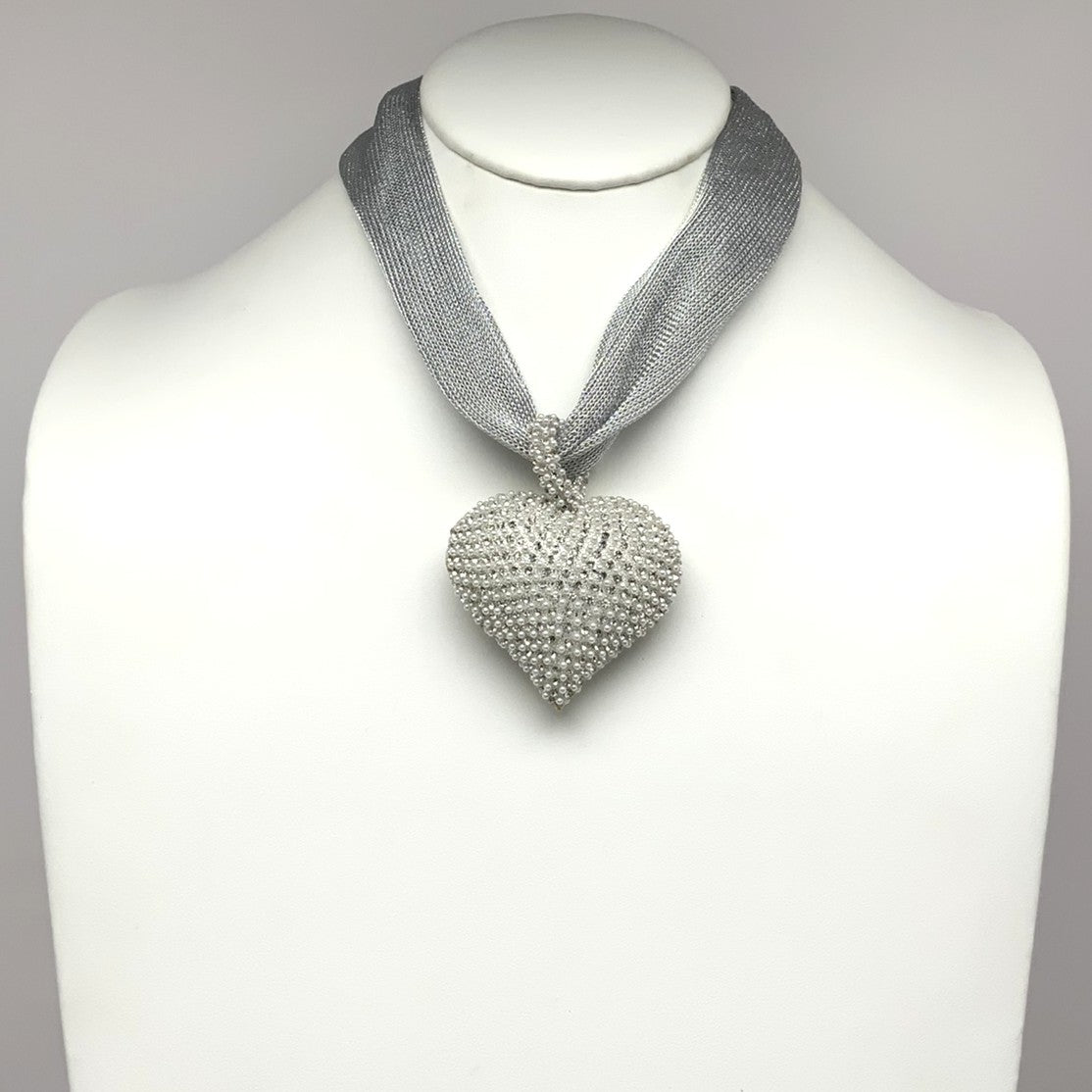 Metallic Mesh Heart Pearl Rhinestone Necklace