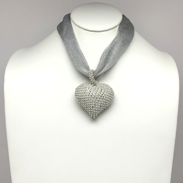 Metallic Mesh Heart Pearl Rhinestone Necklace