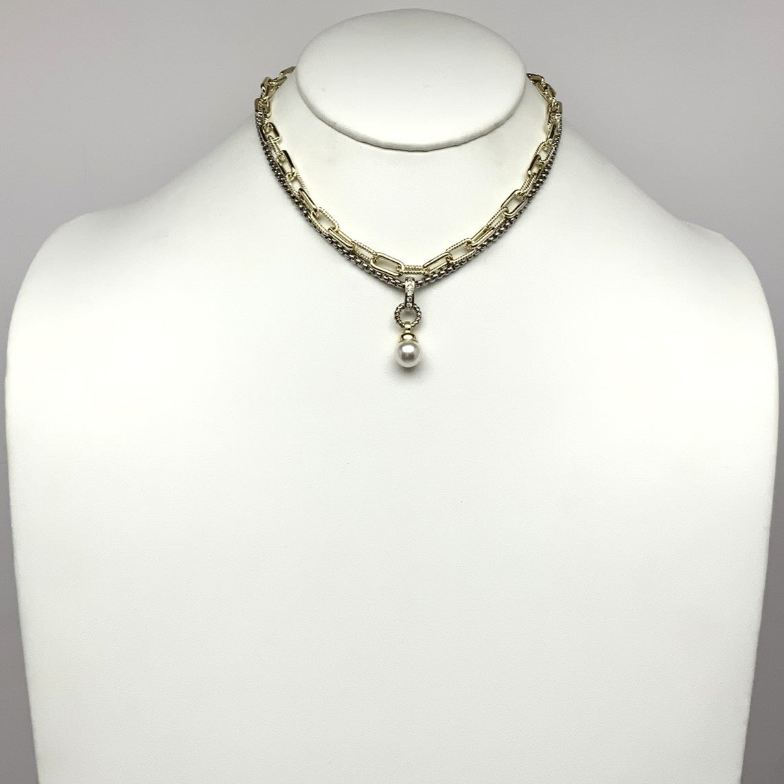 Layered CZ Mix Chain Pearl Drop Necklace