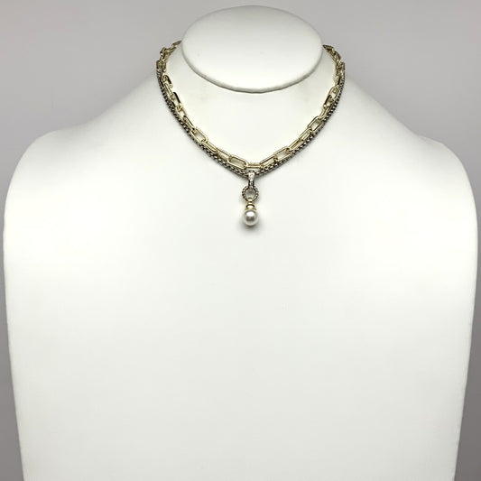 Layered CZ Mix Chain Pearl Drop Necklace