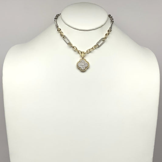 Chain Mix Clover Cubic Zirconia Pendant Necklace