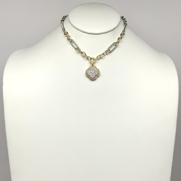 Chain Mix Clover Cubic Zirconia Pendant Necklace