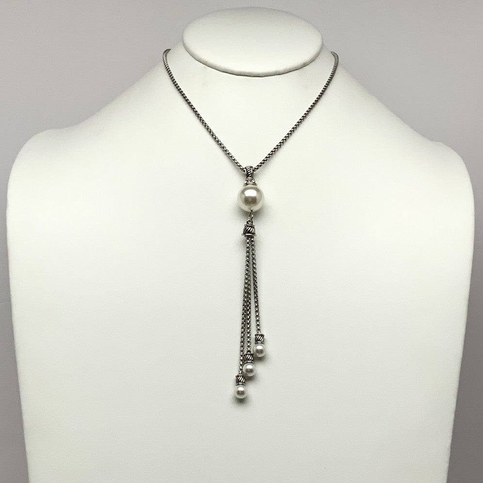 CZ Box Chain Pearl Drop Tassel Necklace