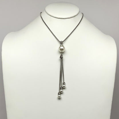 CZ Box Chain Pearl Drop Tassel Necklace