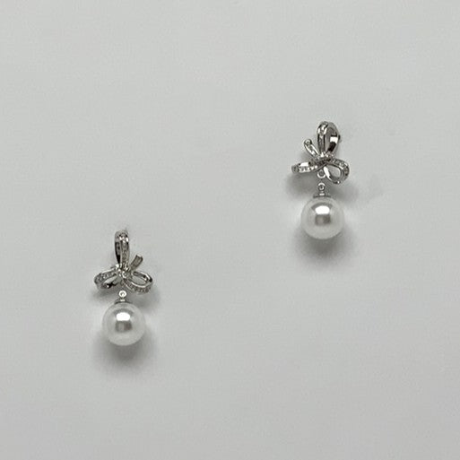 Side Crsytal Bow Pearl Drop Earrings