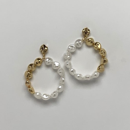 Gold and Pearl Circle Drop Earrings