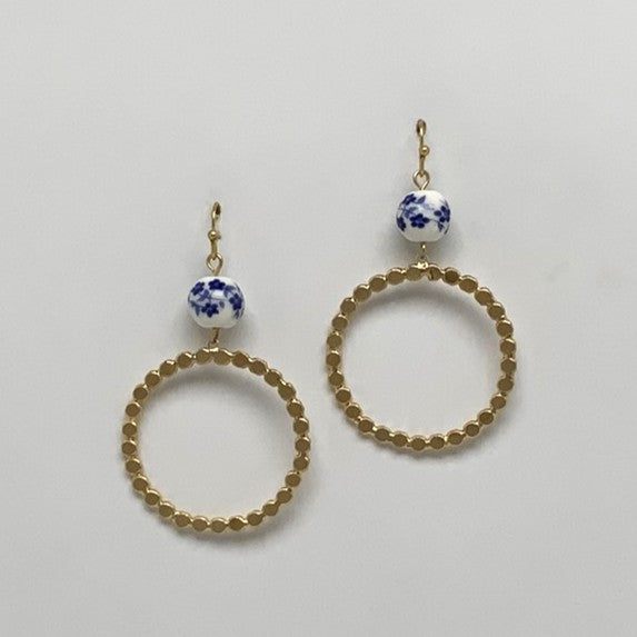 Porcelain Flower Pattern Circle Drop Earrings