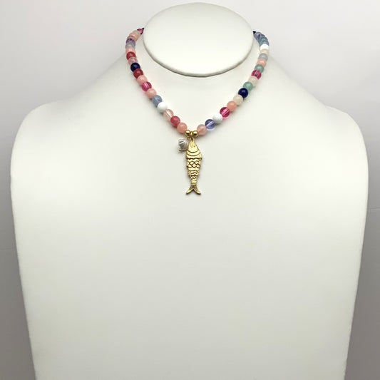 Multicolor beaded Necklace w/Fish Pendant