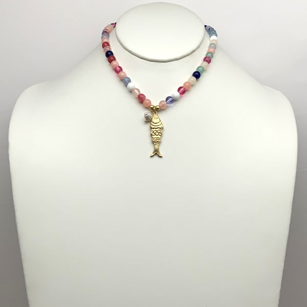 Multicolor beaded Necklace w/Fish Pendant