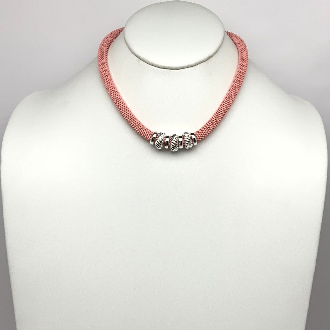 Pink Mesh Necklace w/Silver Beads