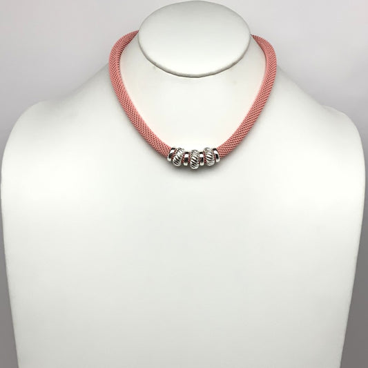 Pink Mesh Necklace w/Silver Beads