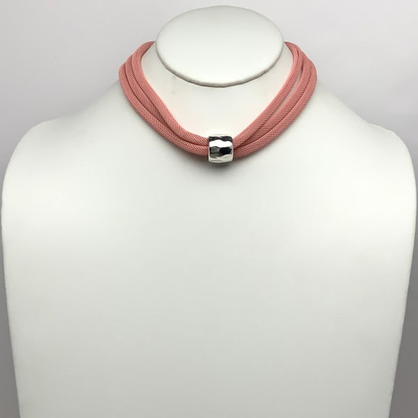 Pink meshed Necklace w/Hammered Silver Slide Bead