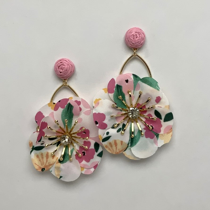 Flower Fabric Metal Statement Earrings