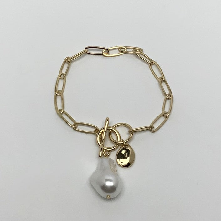 Paperclip Link Chain w/Pearl Pendant Bracelet