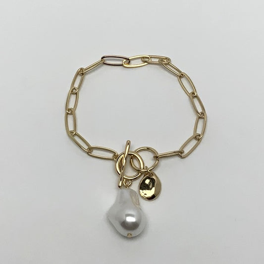 Paperclip Link Chain w/Pearl Pendant Bracelet