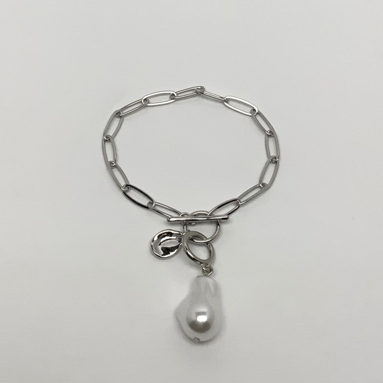 Paperclip Link Chain w/Pearl Pendant Bracelet
