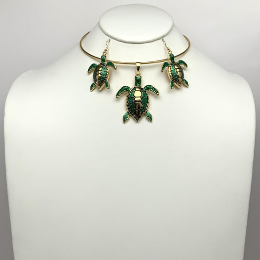 Wire Choker Turtle Pendant Necklace Set