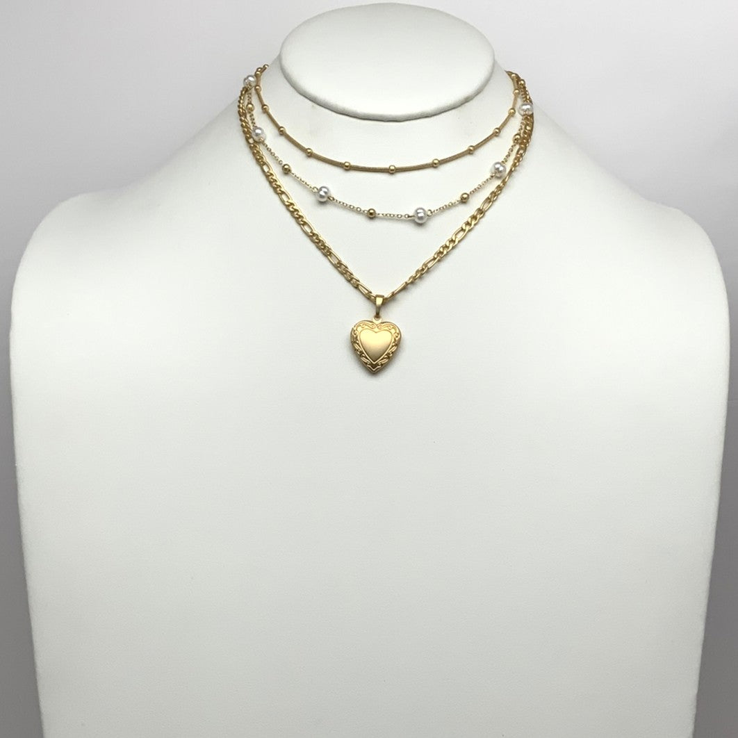 Layered Pearl Heart Pendant Necklace