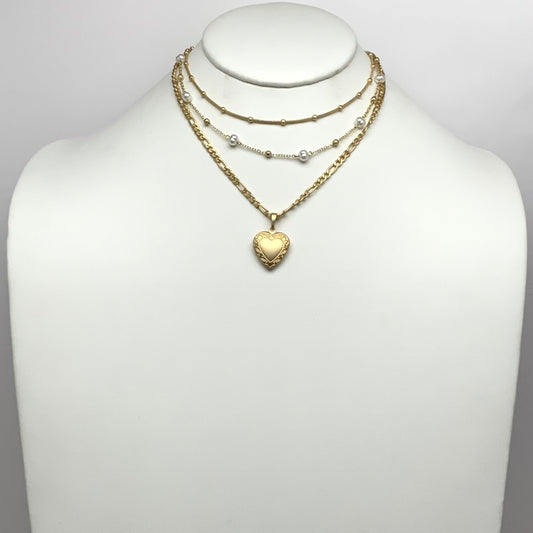 Layered Pearl Heart Pendant Necklace