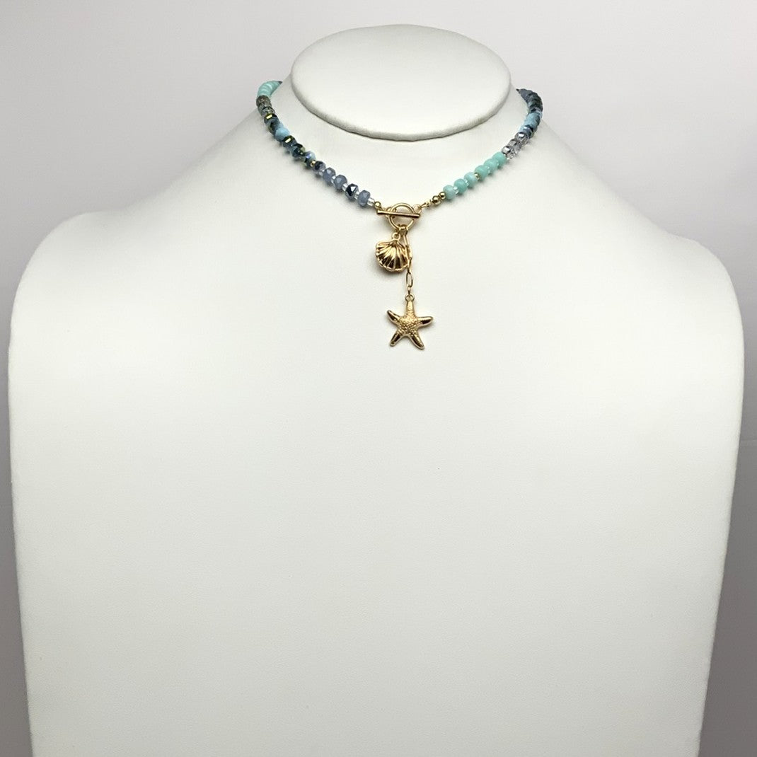 Crystal Bead Sea Charm Toggle Necklace