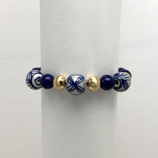 Blue Porcelain Beaded Stretch Bracelet