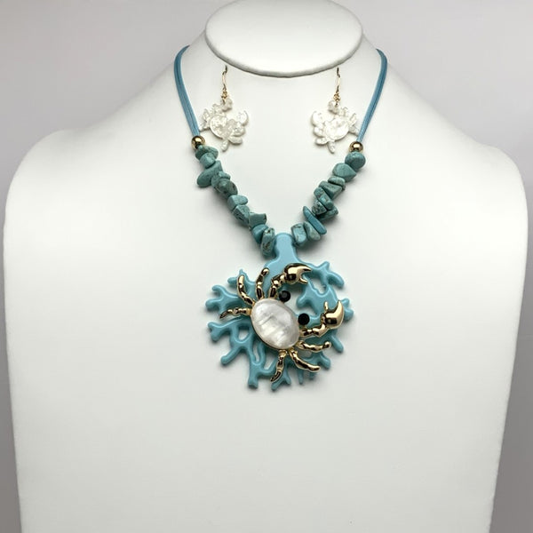 Stone Beads w/ Crab Pendant Design Necklace