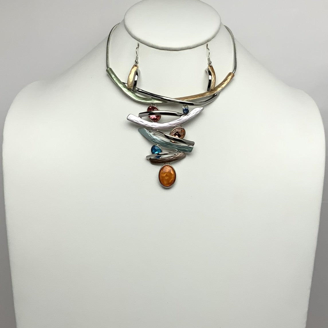 Textured Metal and Rhinestone Drop Necklace Set