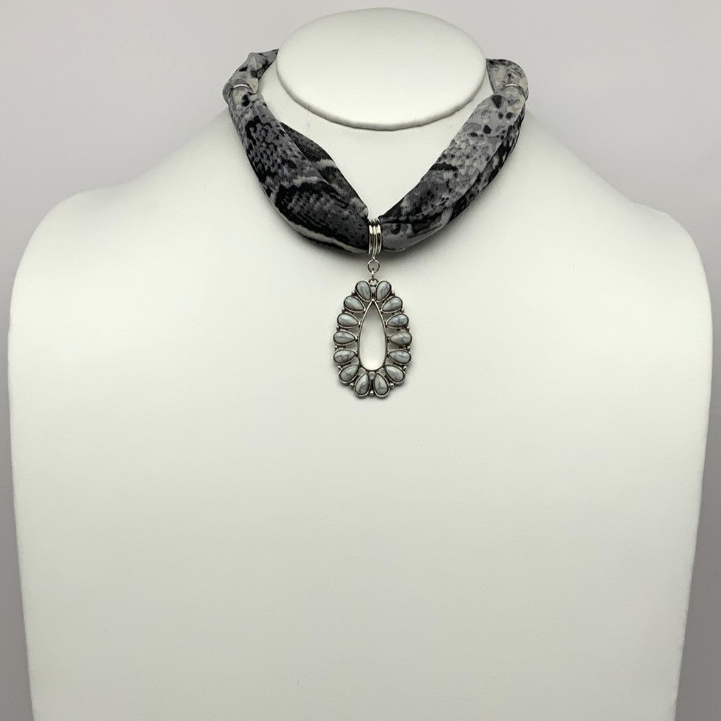 Mini Scarf w/Oval Stone Pendant Necklace