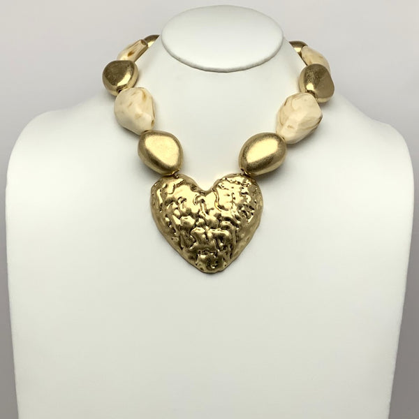 Lucite Chunky Hammered Heart Pendant Necklace