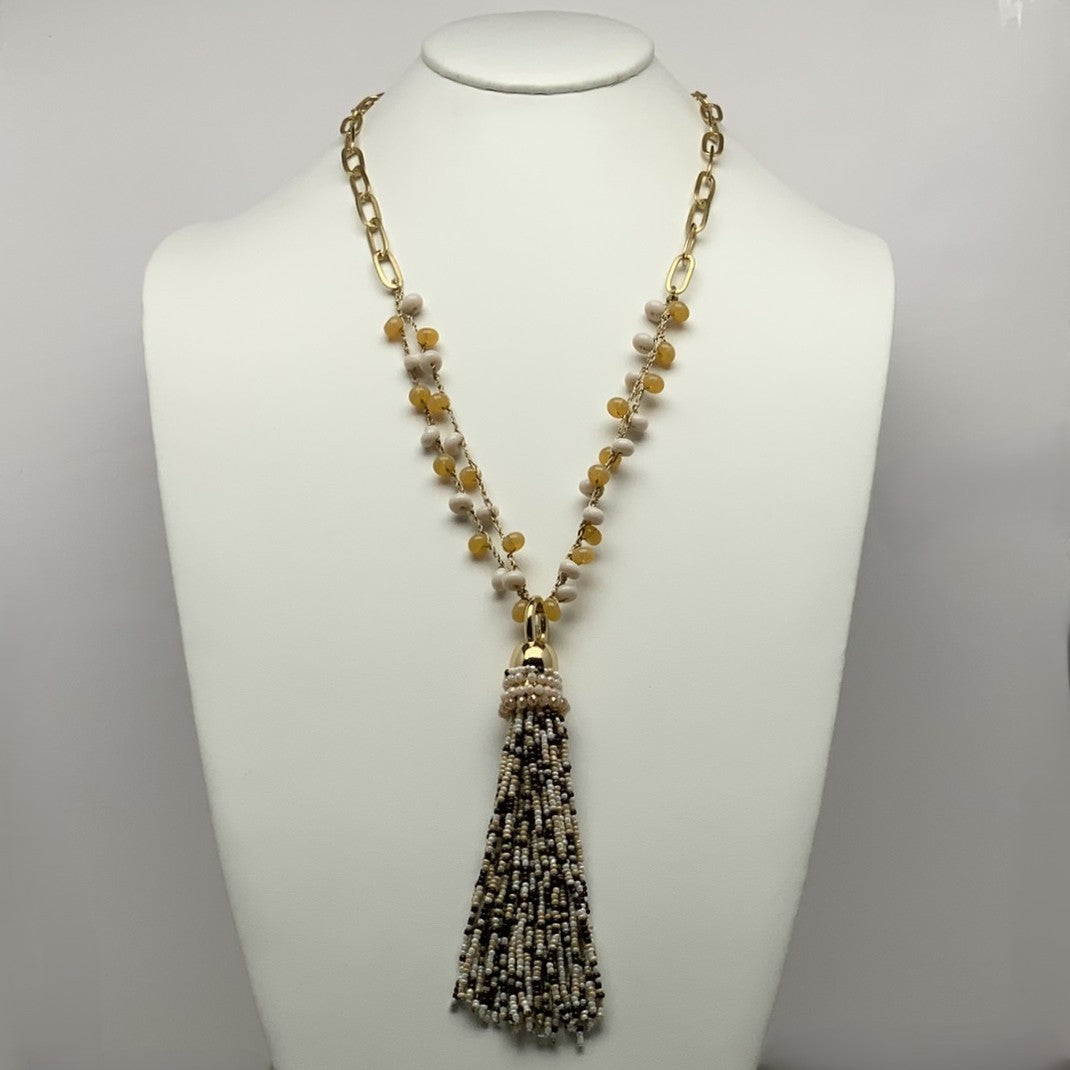 Glass Beaded Strands w/Long Tassel Pendant Necklace