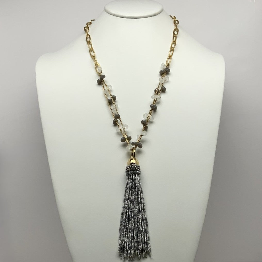 Glass Beaded Strands w/Long Tassel Pendant Necklace